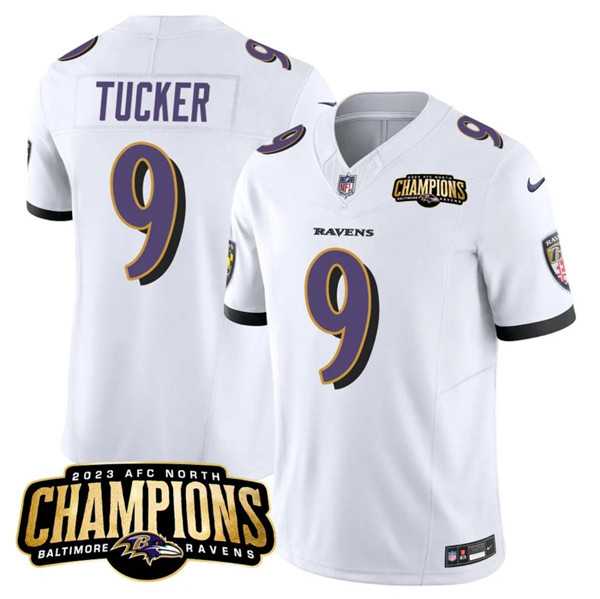 Men & Women & Youth Baltimore Ravens #9 Justin Tucker White 2023 F.U.S.E. AFC North Champions Vapor Limited Jersey